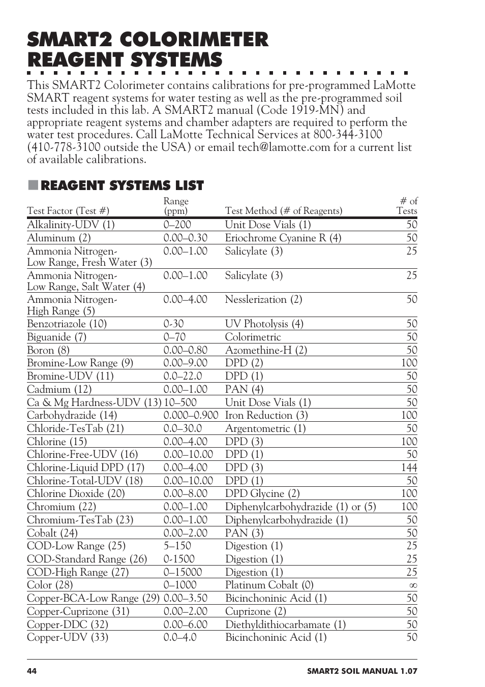 Smart2 colorimeter reagent systems, Reagent systems list | LaMotte SMART 2 Electronic Soil Lab User Manual | Page 44 / 84