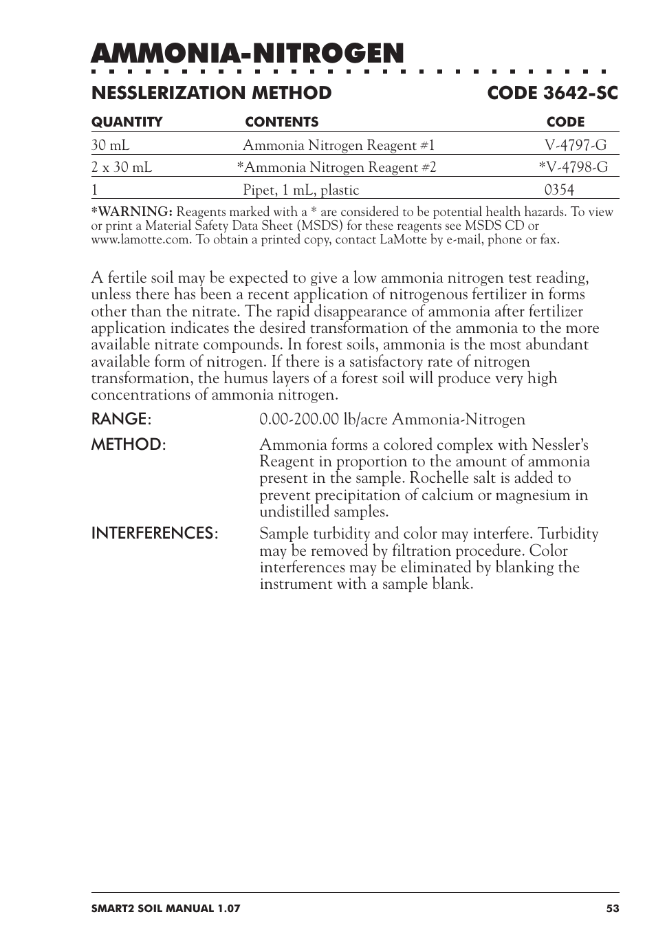 Ammonia-nitrogen, Nesslerization method code 3642-sc | LaMotte SMART 2 Electronic Soil Lab User Manual | Page 53 / 84