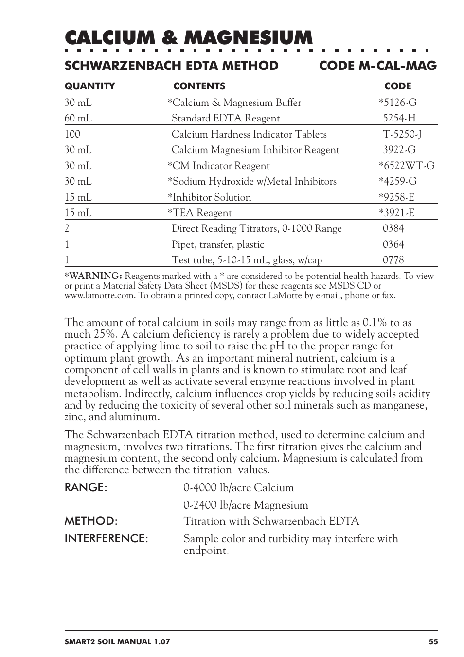 Calcium & magnesium, Schwarzenbach edta method code m-cal-mag | LaMotte SMART 2 Electronic Soil Lab User Manual | Page 55 / 84