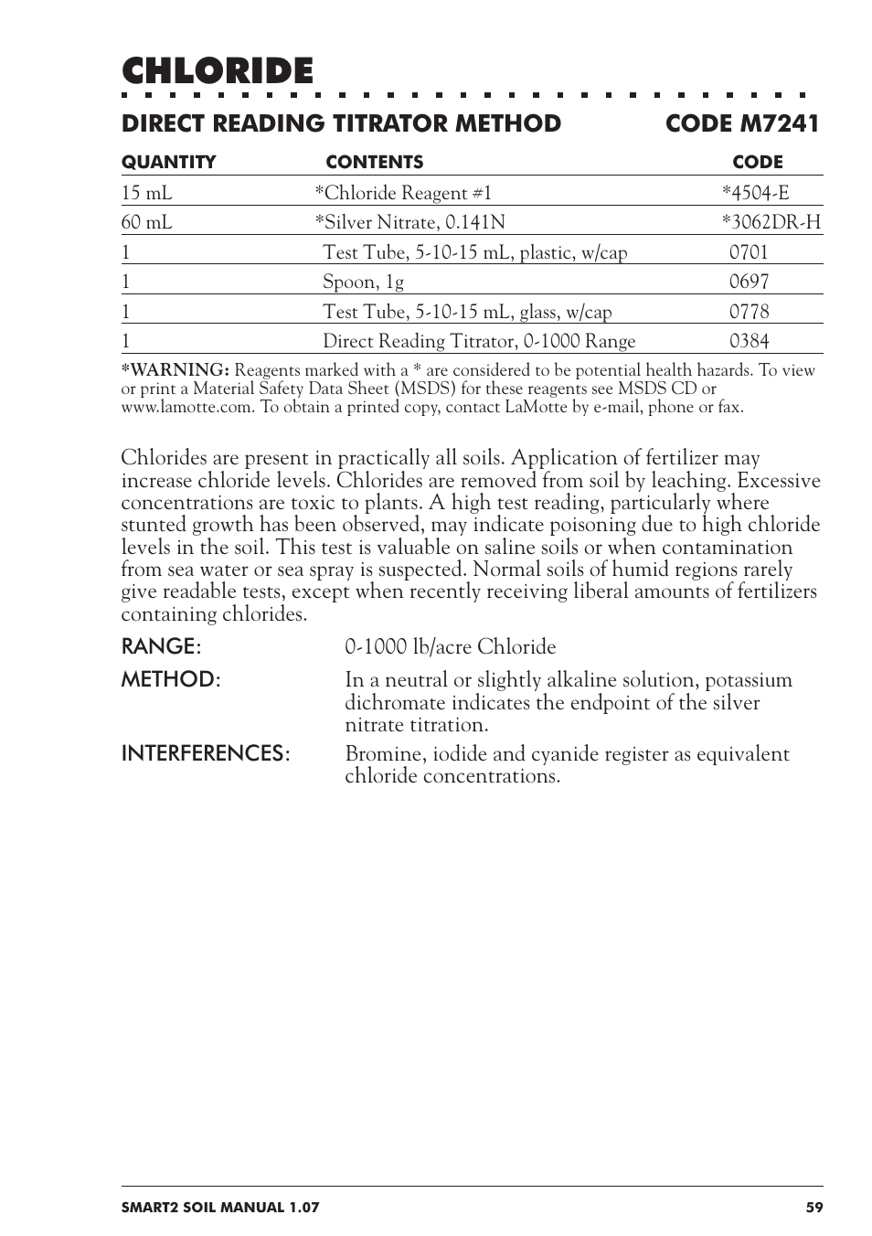 Chloride, Direct reading titrator method code m7241 | LaMotte SMART 2 Electronic Soil Lab User Manual | Page 59 / 84