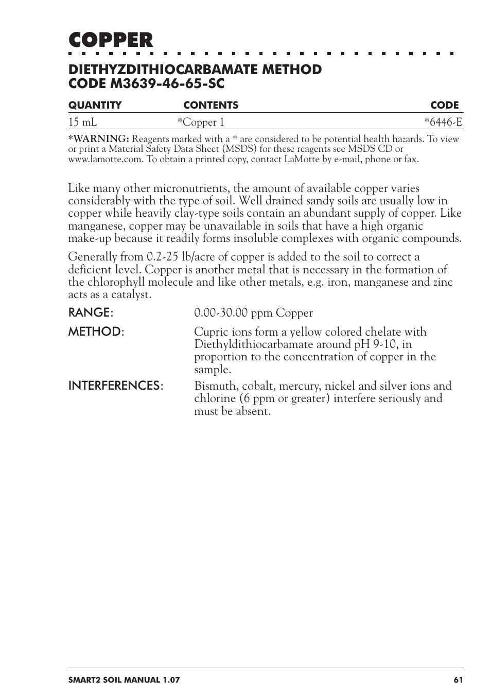 Copper | LaMotte SMART 2 Electronic Soil Lab User Manual | Page 61 / 84