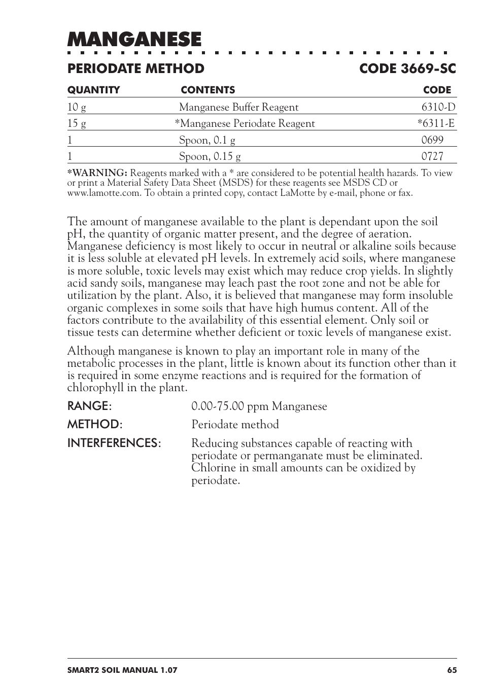 Manganese, Periodate method code 3669-sc | LaMotte SMART 2 Electronic Soil Lab User Manual | Page 65 / 84