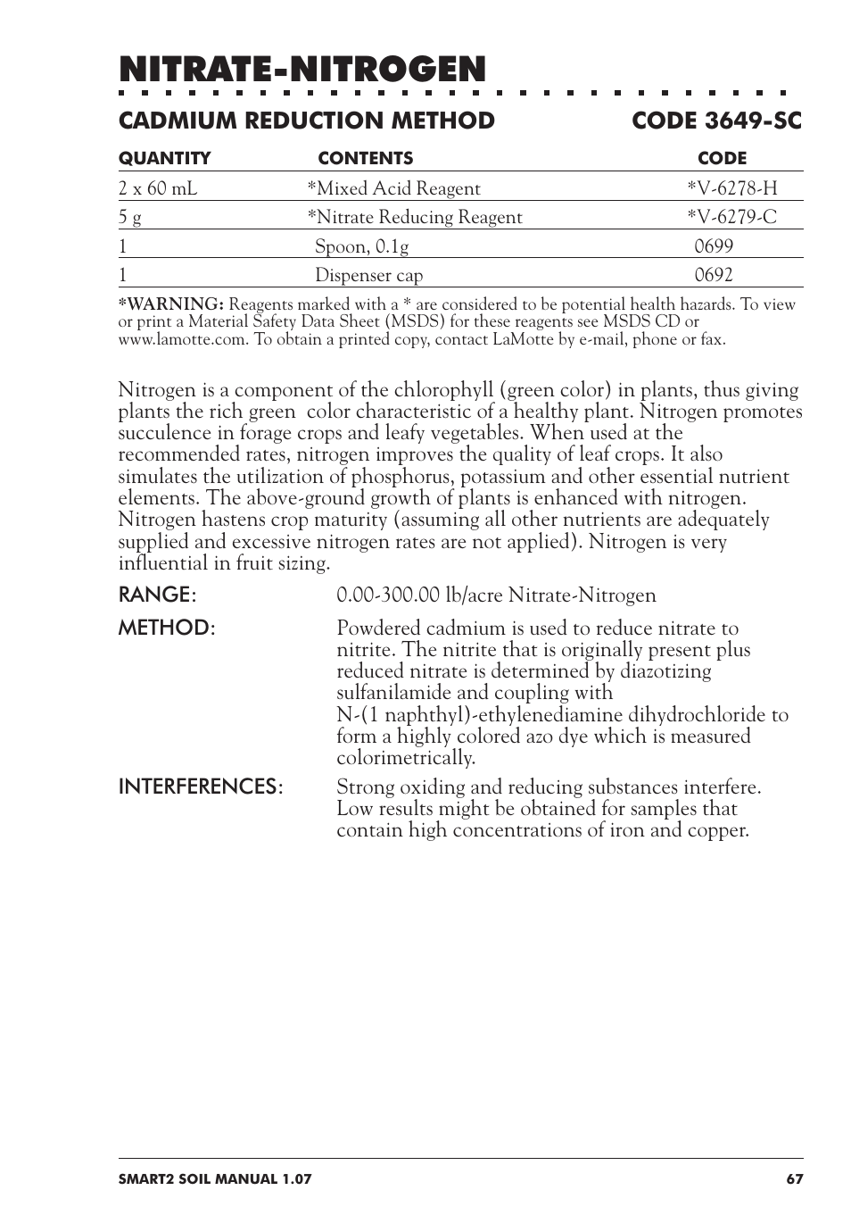 Nitrate-nitrogen, Cadmium reduction method code 3649-sc | LaMotte SMART 2 Electronic Soil Lab User Manual | Page 67 / 84
