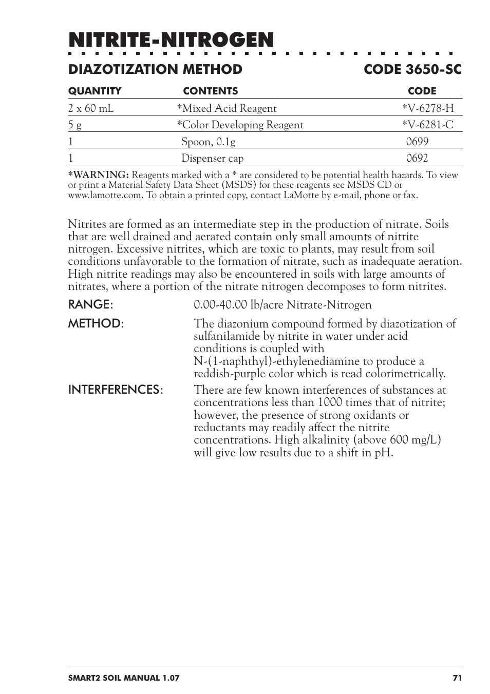 Nitrite-nitrogen, Diazotization method code 3650-sc | LaMotte SMART 2 Electronic Soil Lab User Manual | Page 71 / 84