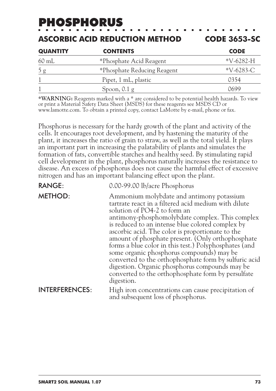 Phosphorus, Ascorbic acid reduction method code 3653-sc | LaMotte SMART 2 Electronic Soil Lab User Manual | Page 73 / 84