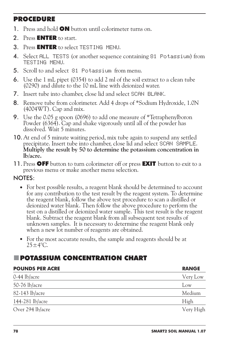 Procedure, Potassium concentration chart | LaMotte SMART 2 Electronic Soil Lab User Manual | Page 78 / 84