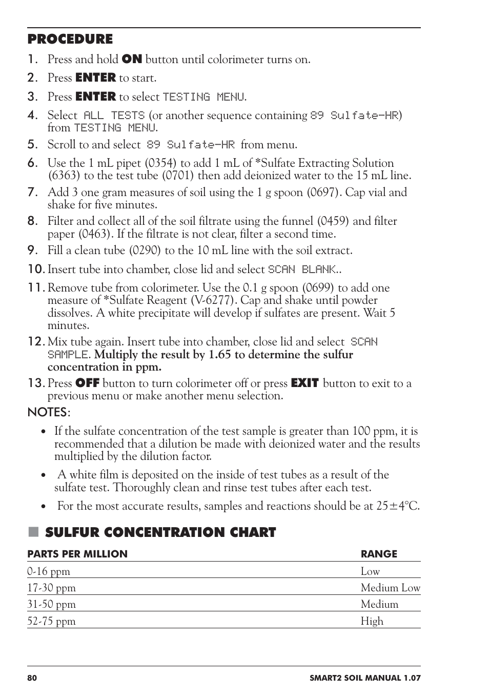 Procedure, Sulfur concentration chart | LaMotte SMART 2 Electronic Soil Lab User Manual | Page 80 / 84