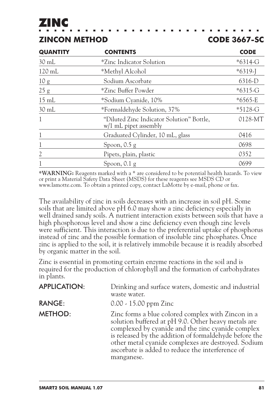 Zinc, Zincon method code 3667-sc | LaMotte SMART 2 Electronic Soil Lab User Manual | Page 81 / 84