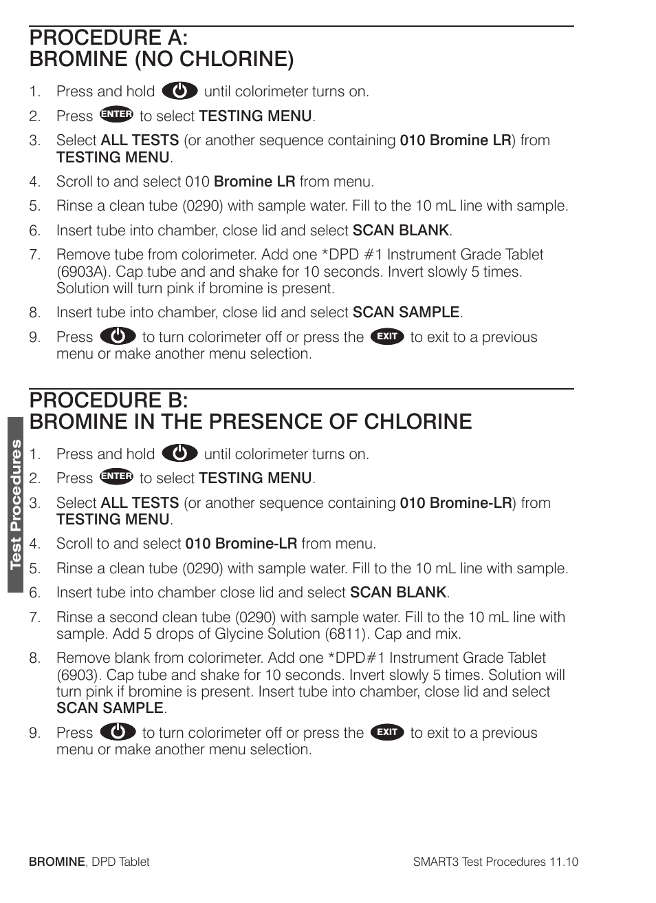 Procedure a: bromine (no chlorine), Procedure b: bromine in the presence of chlorine | LaMotte SMART3 Colorimeter User Manual | Page 102 / 294