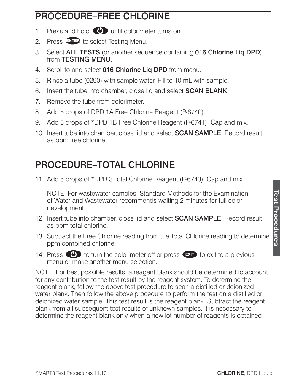 Procedure–free chlorine, Procedure–total chlorine | LaMotte SMART3 Colorimeter User Manual | Page 115 / 294