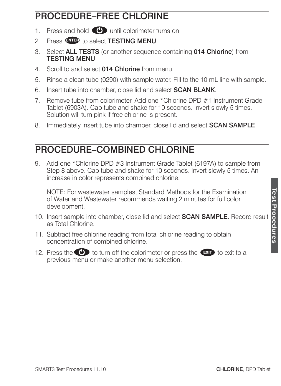 Procedure–free chlorine, Procedure–combined chlorine | LaMotte SMART3 Colorimeter User Manual | Page 119 / 294