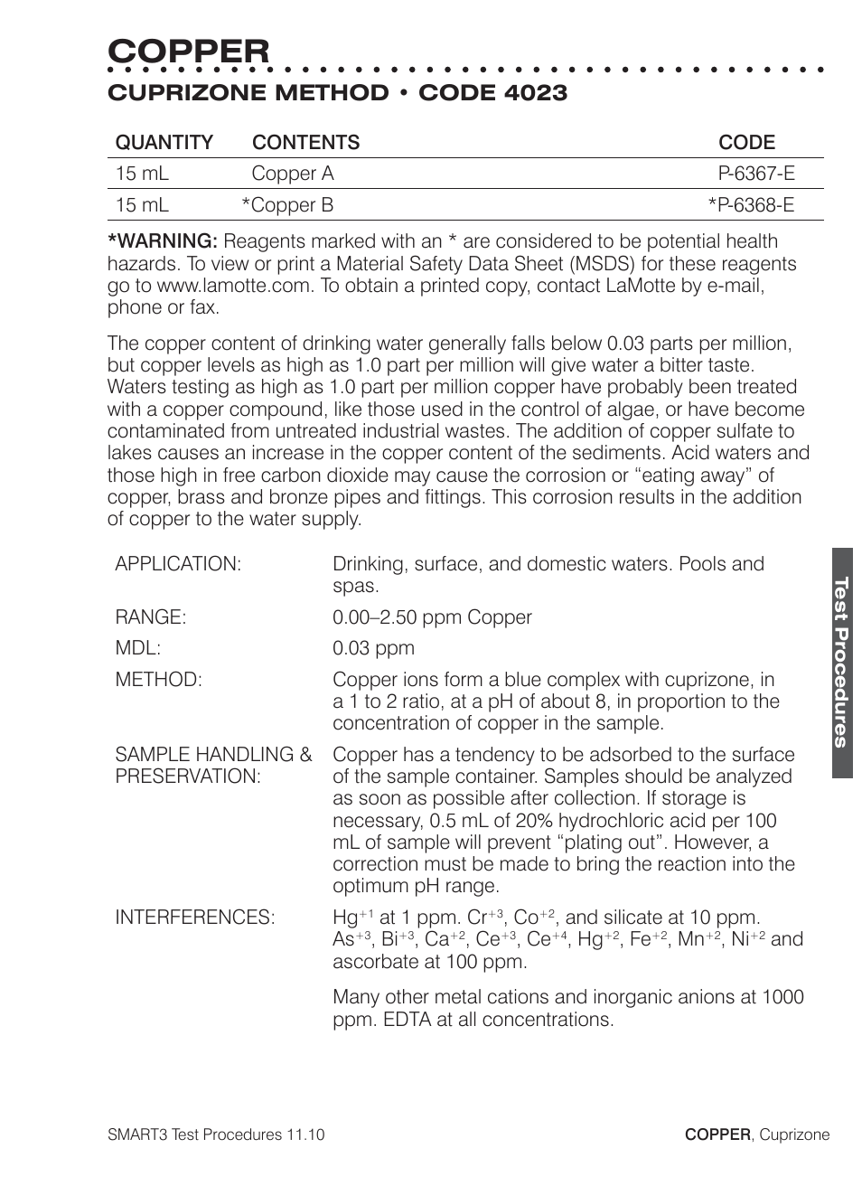 Copper, Cuprizone method • code 4023 | LaMotte SMART3 Colorimeter User Manual | Page 155 / 294