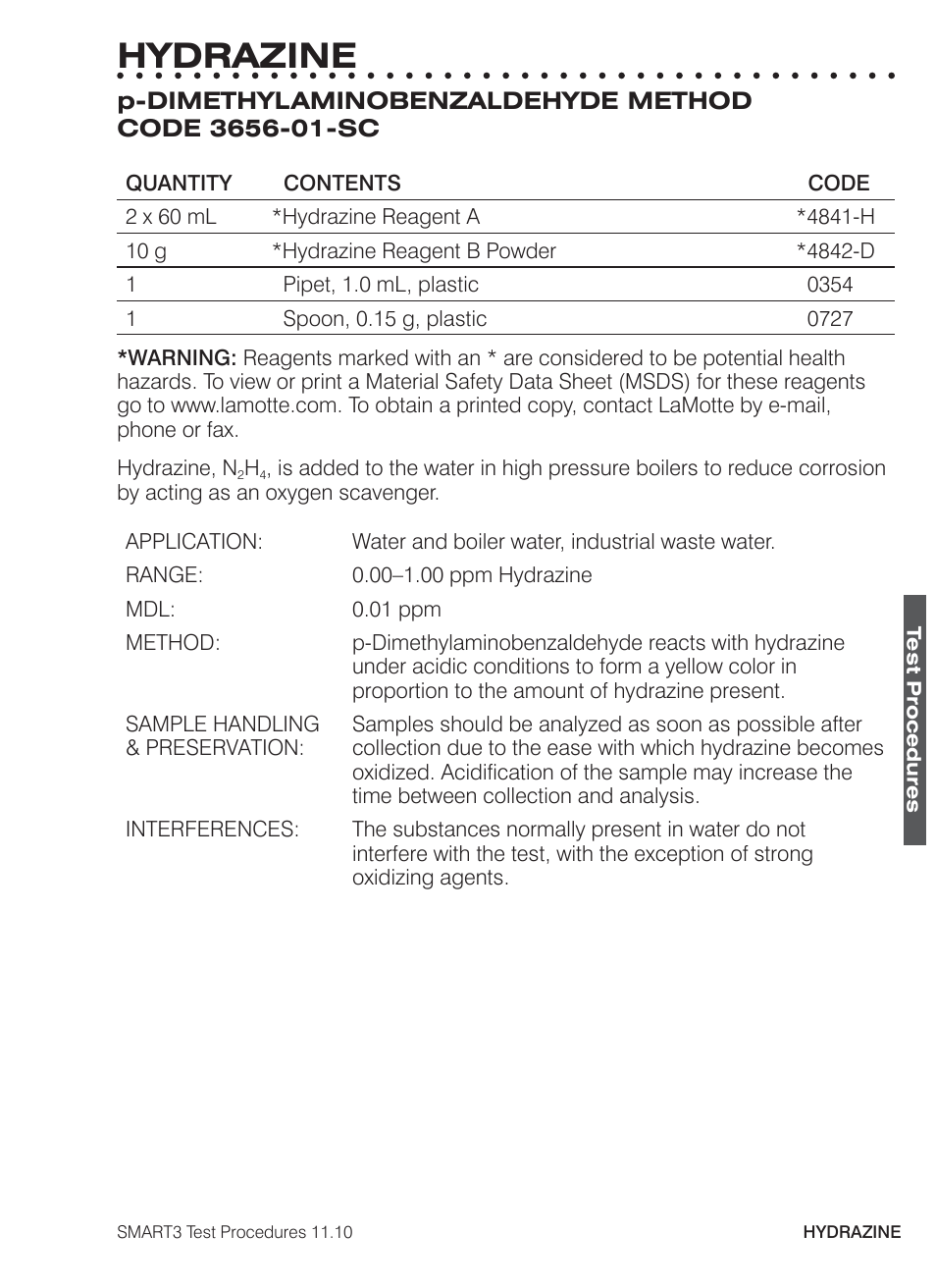 Hydrazine | LaMotte SMART3 Colorimeter User Manual | Page 183 / 294