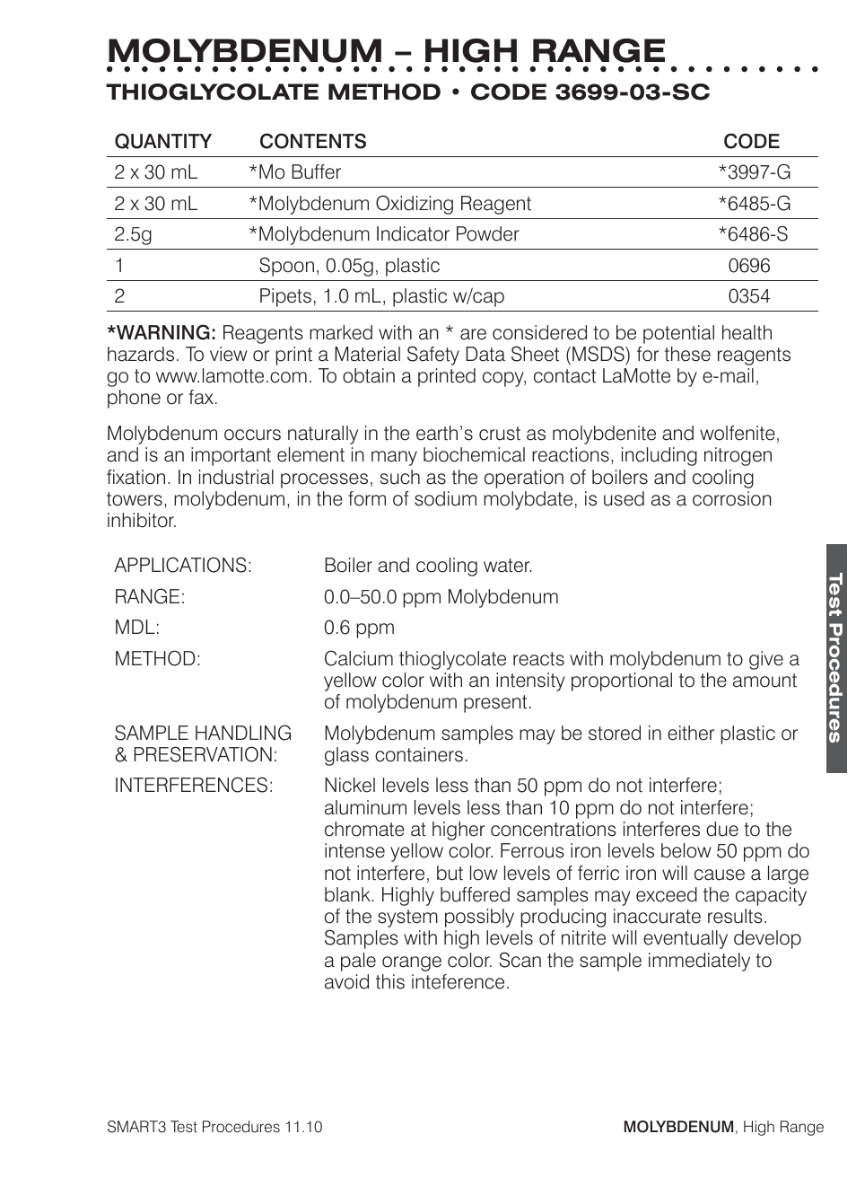 Molybdenum – high range | LaMotte SMART3 Colorimeter User Manual | Page 209 / 294