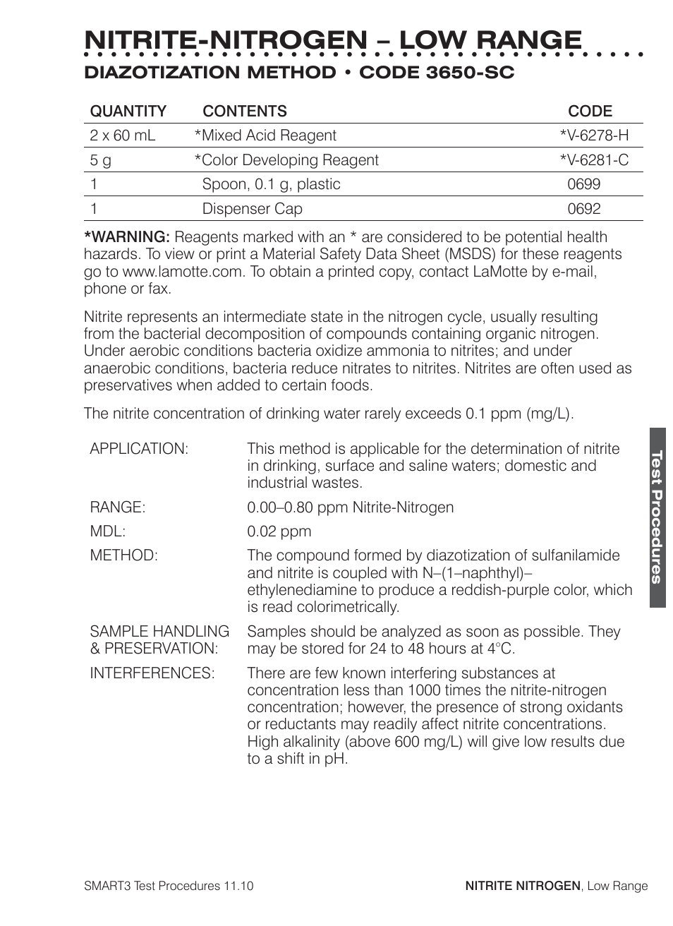 Nitrite-nitrogen – low range | LaMotte SMART3 Colorimeter User Manual | Page 223 / 294