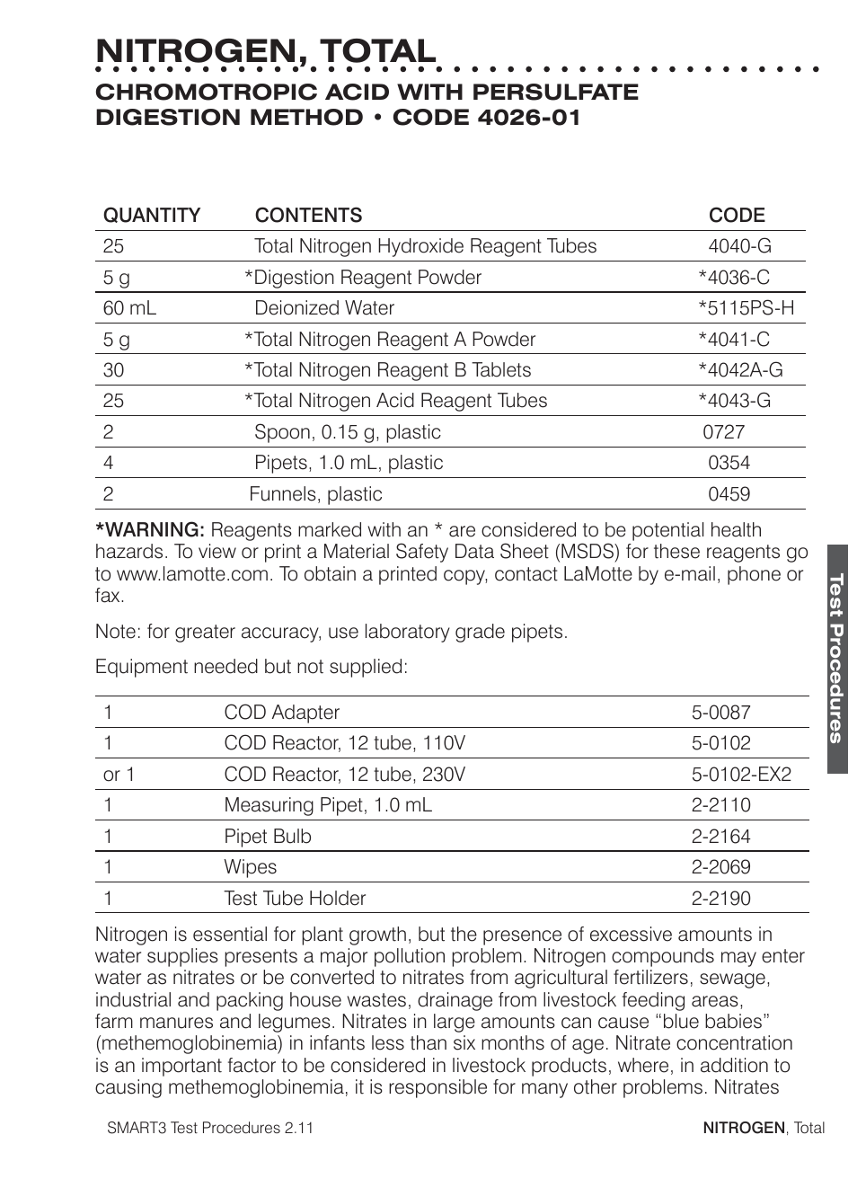 Nitrogen, total | LaMotte SMART3 Colorimeter User Manual | Page 225 / 294