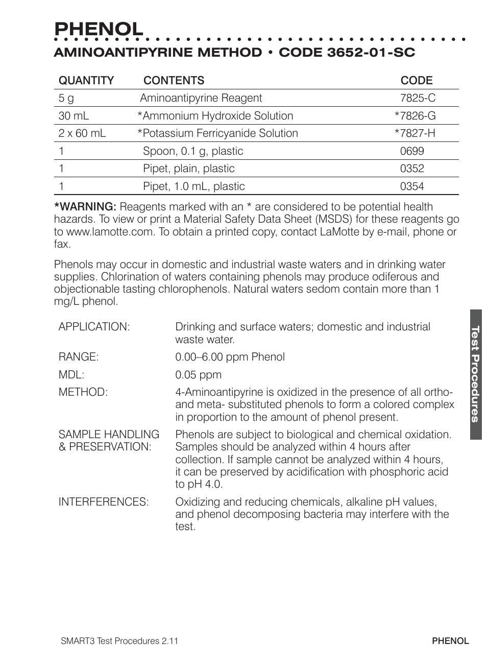 Phenol | LaMotte SMART3 Colorimeter User Manual | Page 249 / 294