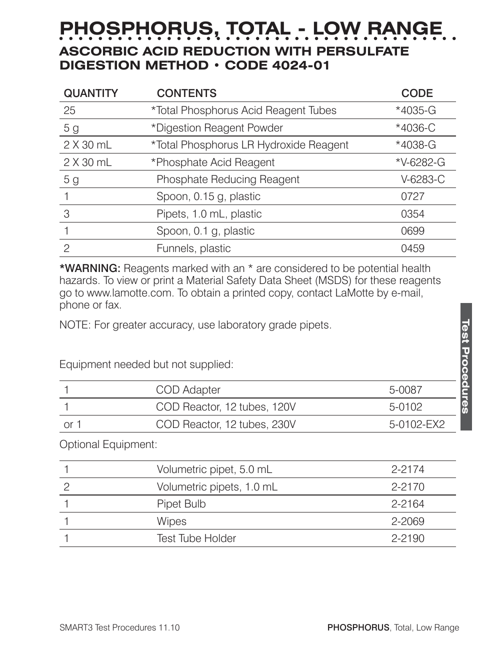 Phosphorus, total - low range | LaMotte SMART3 Colorimeter User Manual | Page 261 / 294