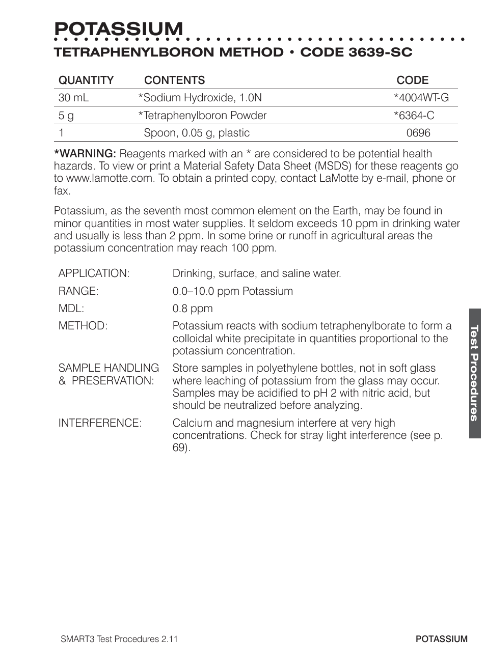 Potassium | LaMotte SMART3 Colorimeter User Manual | Page 269 / 294