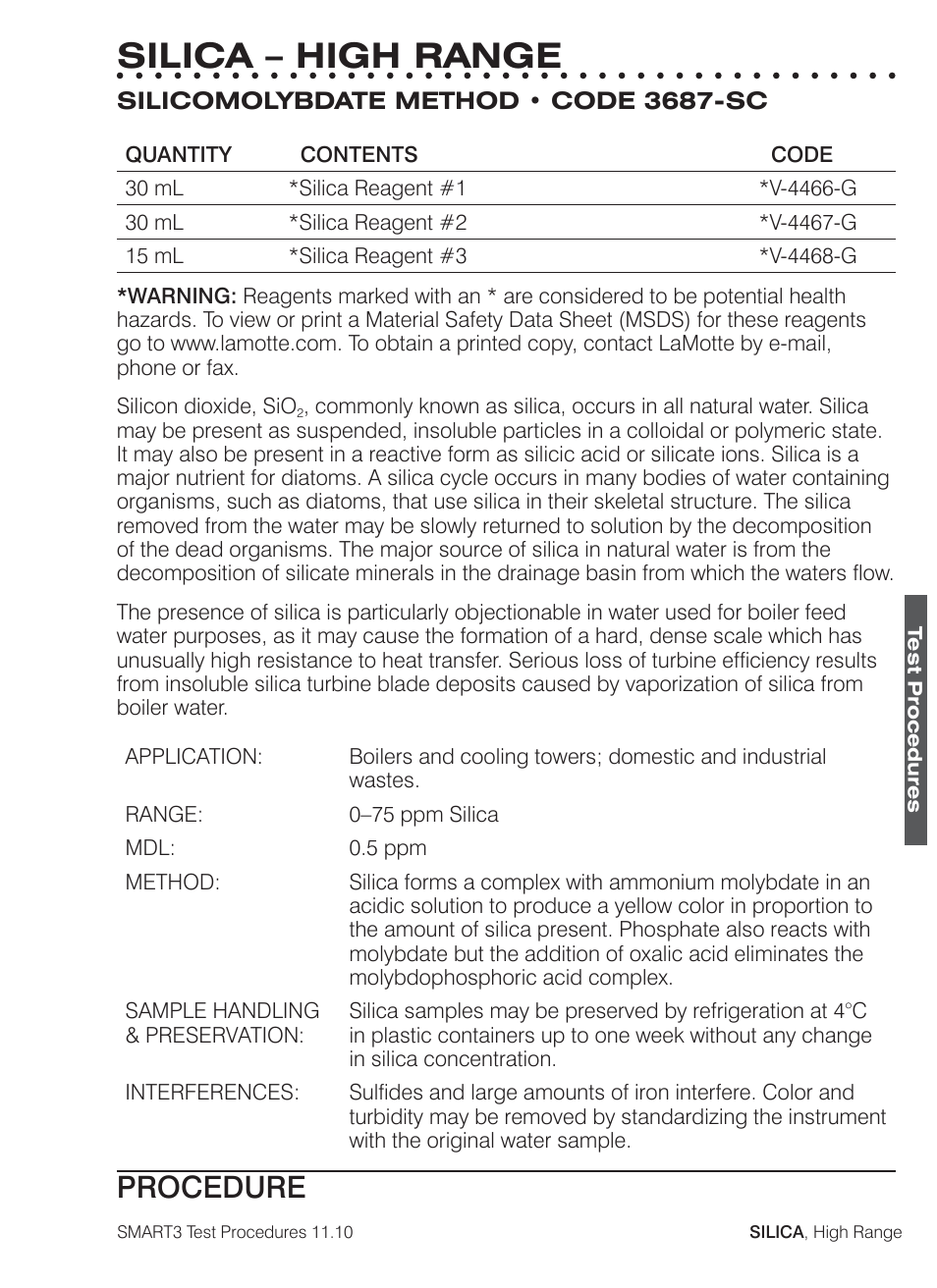 Silica – high range, Procedure | LaMotte SMART3 Colorimeter User Manual | Page 275 / 294