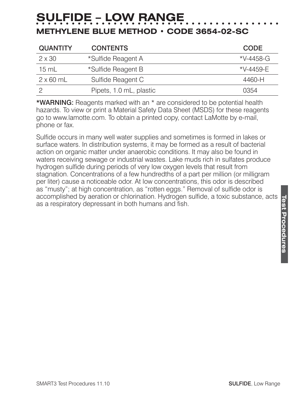 Sulfide – low range | LaMotte SMART3 Colorimeter User Manual | Page 279 / 294