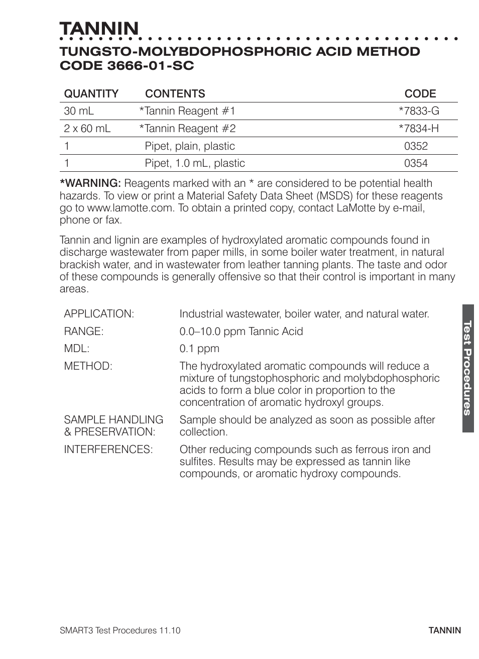 Tannin | LaMotte SMART3 Colorimeter User Manual | Page 285 / 294