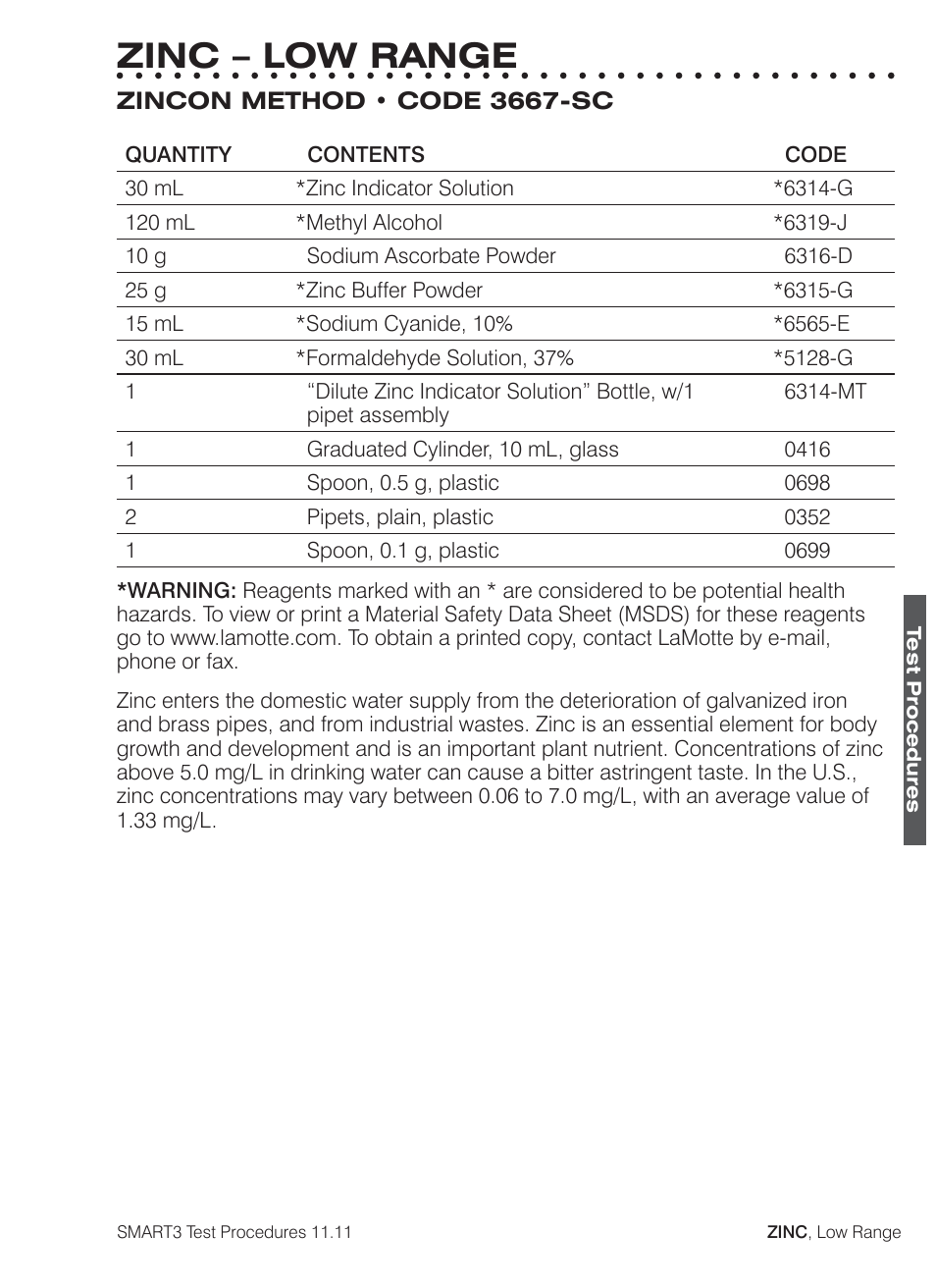Zinc – low range | LaMotte SMART3 Colorimeter User Manual | Page 289 / 294
