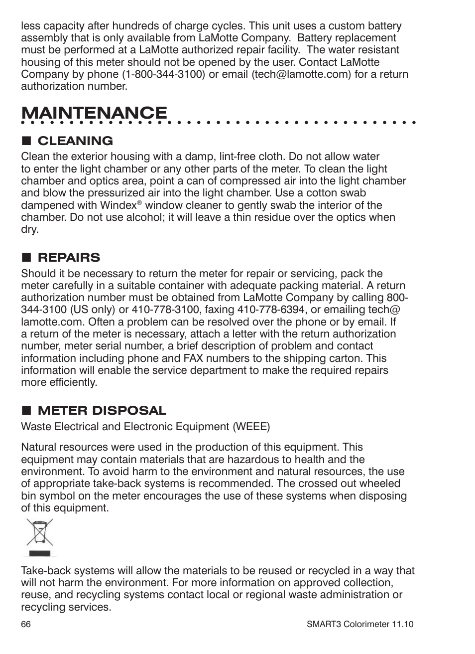 Maintenance | LaMotte SMART3 Colorimeter User Manual | Page 68 / 294