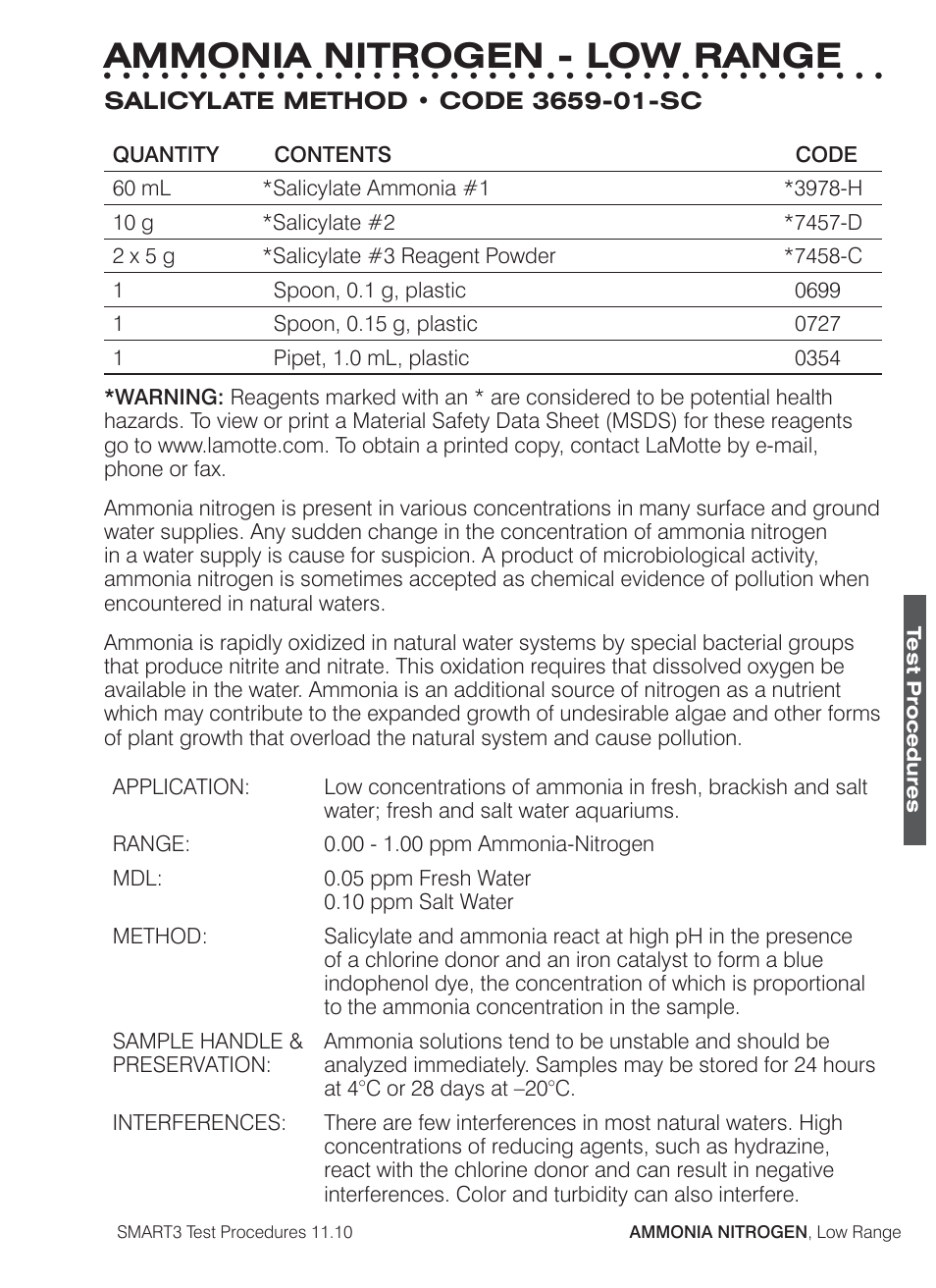 Ammonia nitrogen - low range | LaMotte SMART3 Colorimeter User Manual | Page 81 / 294