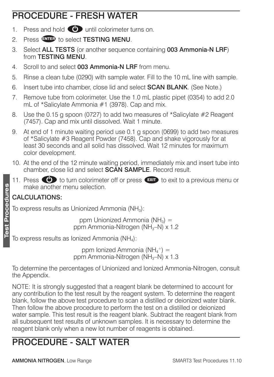 Procedure - fresh water, Procedure - salt water | LaMotte SMART3 Colorimeter User Manual | Page 82 / 294