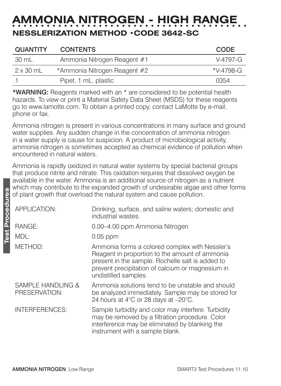 Ammonia nitrogen - high range | LaMotte SMART3 Colorimeter User Manual | Page 84 / 294