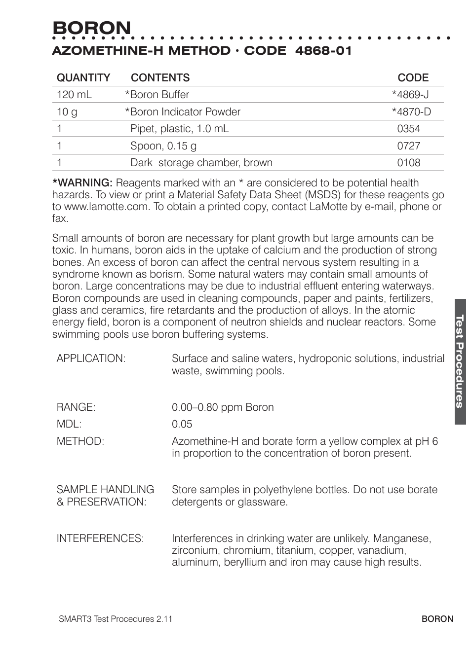 Boron | LaMotte SMART3 Colorimeter User Manual | Page 99 / 294