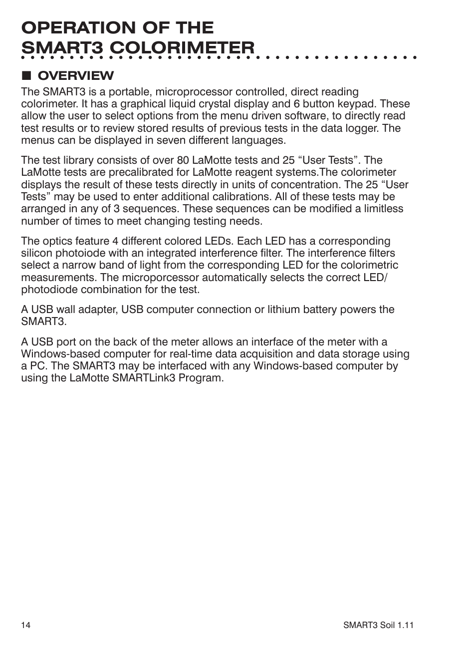 Operation of the smart3 colorimeter | LaMotte SMART 3 Electronic Soil Lab User Manual | Page 14 / 88