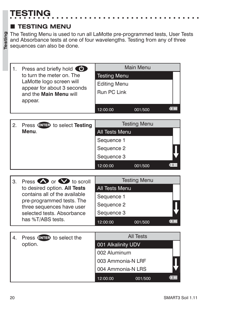 Testing | LaMotte SMART 3 Electronic Soil Lab User Manual | Page 20 / 88