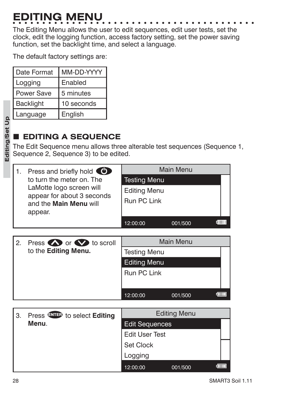 Editing menu | LaMotte SMART 3 Electronic Soil Lab User Manual | Page 28 / 88