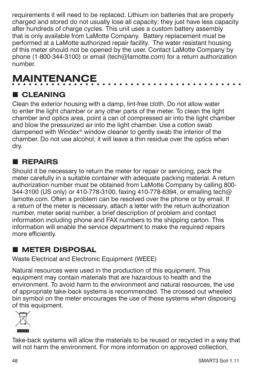 Maintenance | LaMotte SMART 3 Electronic Soil Lab User Manual | Page 48 / 88