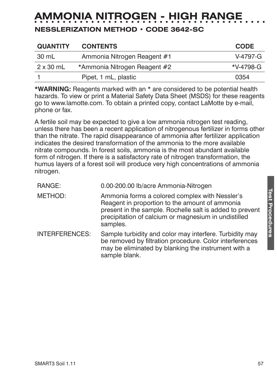 Ammonia nitrogen - high range | LaMotte SMART 3 Electronic Soil Lab User Manual | Page 57 / 88