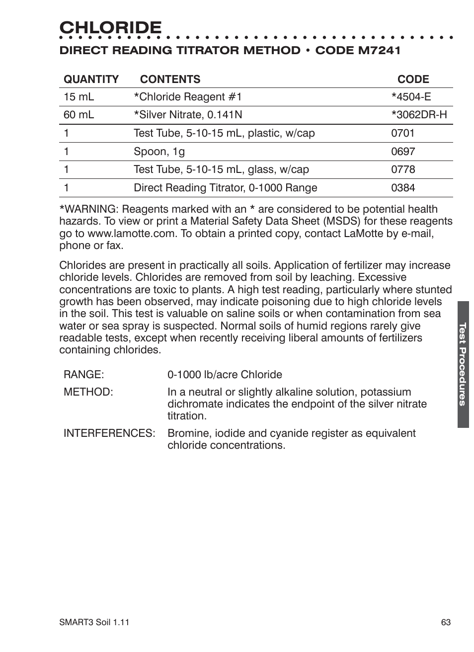 Chloride | LaMotte SMART 3 Electronic Soil Lab User Manual | Page 63 / 88