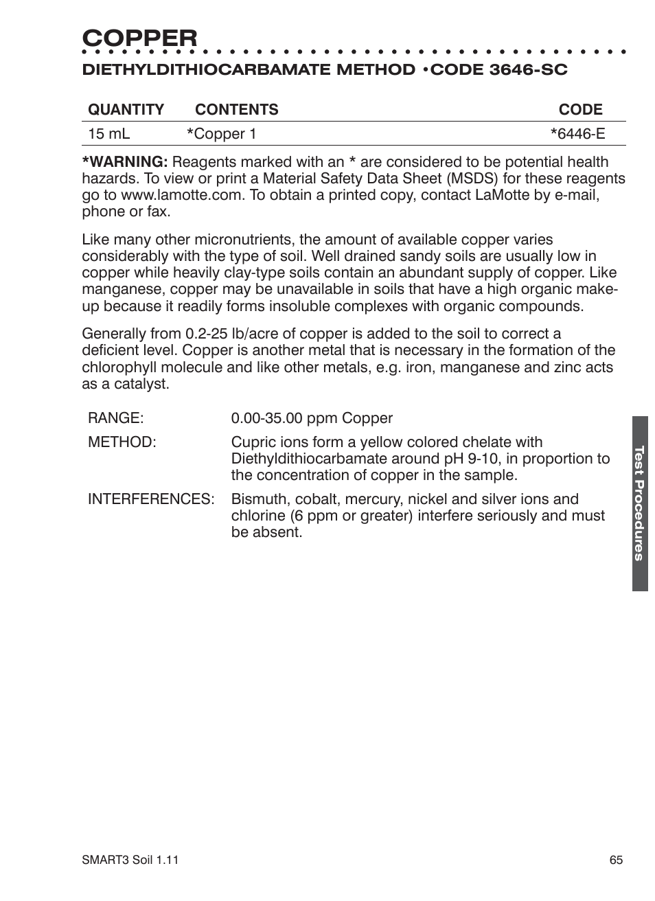 Copper | LaMotte SMART 3 Electronic Soil Lab User Manual | Page 65 / 88