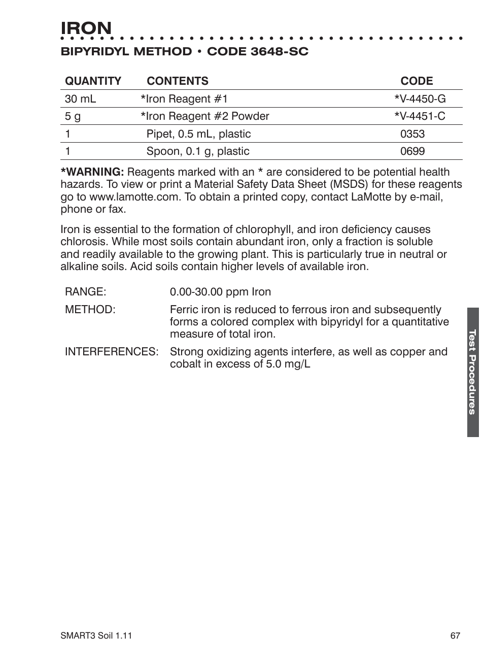 Iron | LaMotte SMART 3 Electronic Soil Lab User Manual | Page 67 / 88