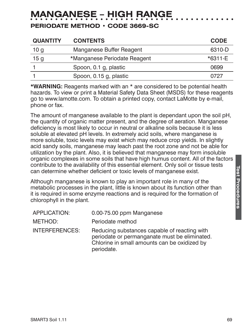 Manganese – high range | LaMotte SMART 3 Electronic Soil Lab User Manual | Page 69 / 88