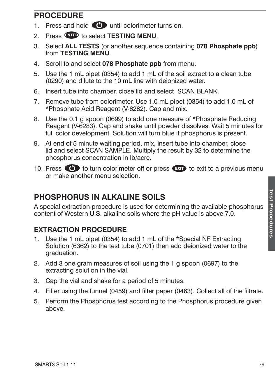 Procedure, Phosphorus in alkaline soils | LaMotte SMART 3 Electronic Soil Lab User Manual | Page 79 / 88