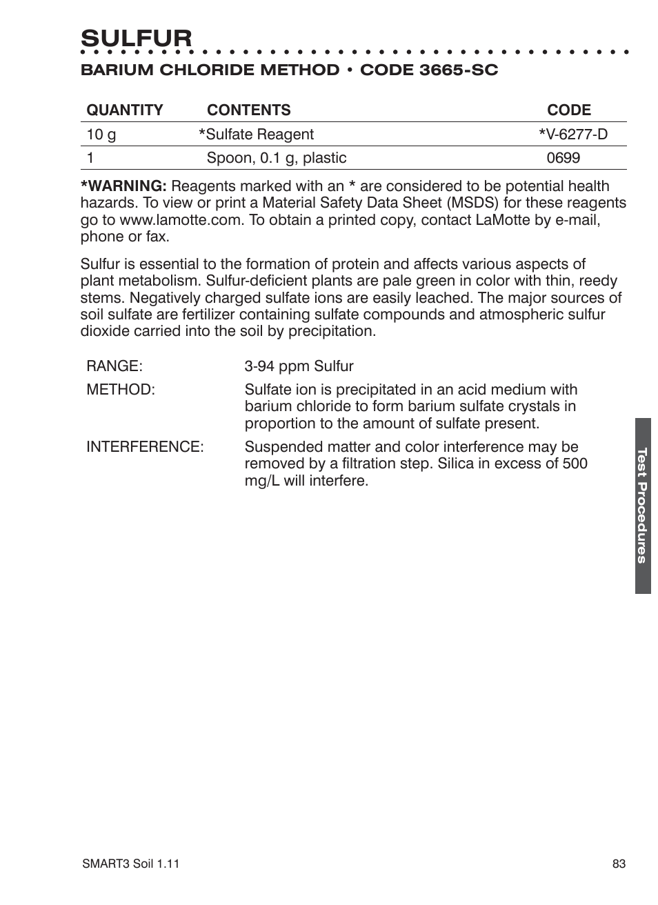 Sulfur | LaMotte SMART 3 Electronic Soil Lab User Manual | Page 83 / 88