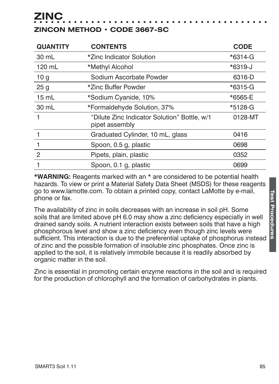 Zinc | LaMotte SMART 3 Electronic Soil Lab User Manual | Page 85 / 88