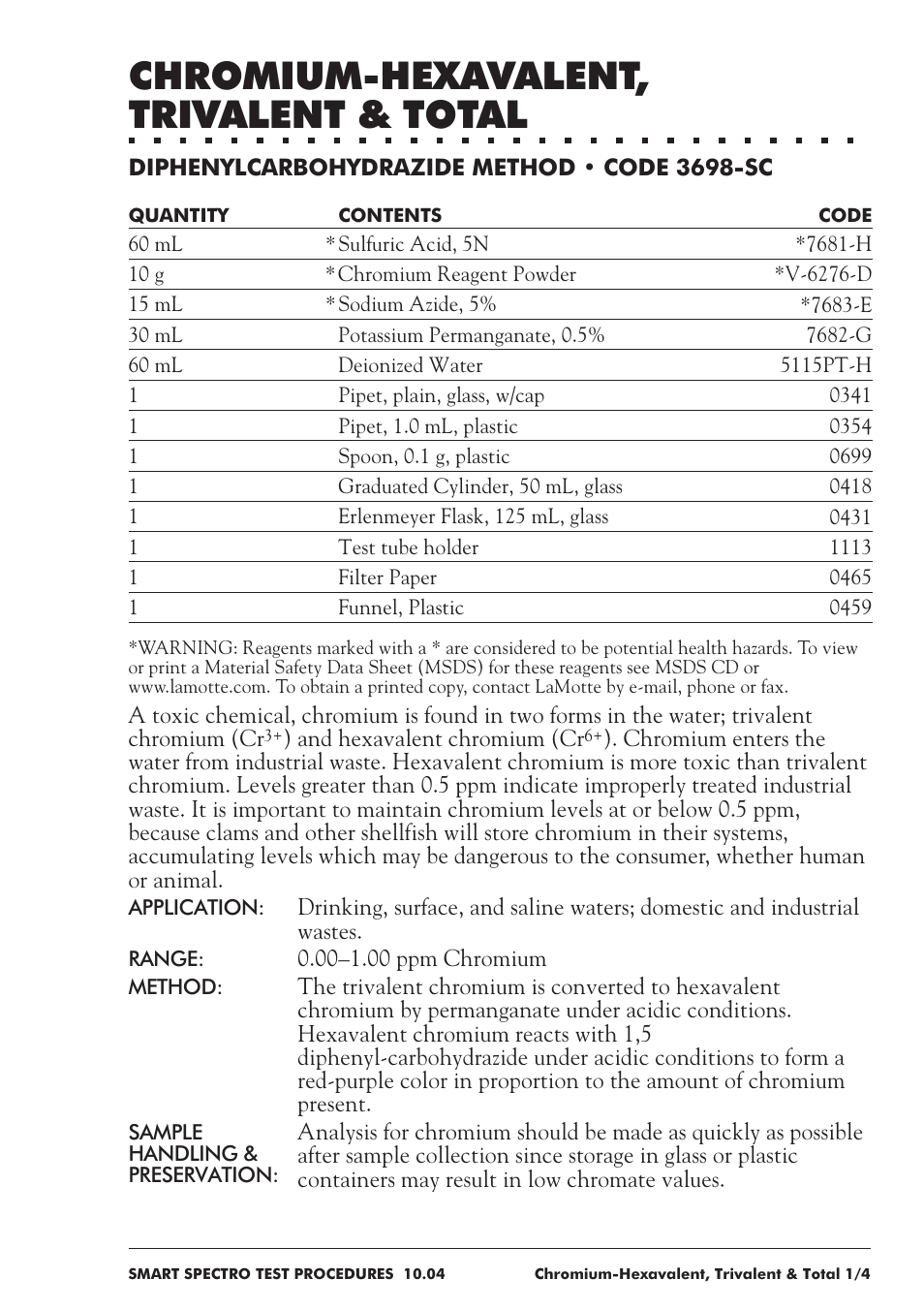 Chromium-hexavalent, trivalent & total | LaMotte SMART Spectro Spectrophotometer User Manual | Page 100 / 237