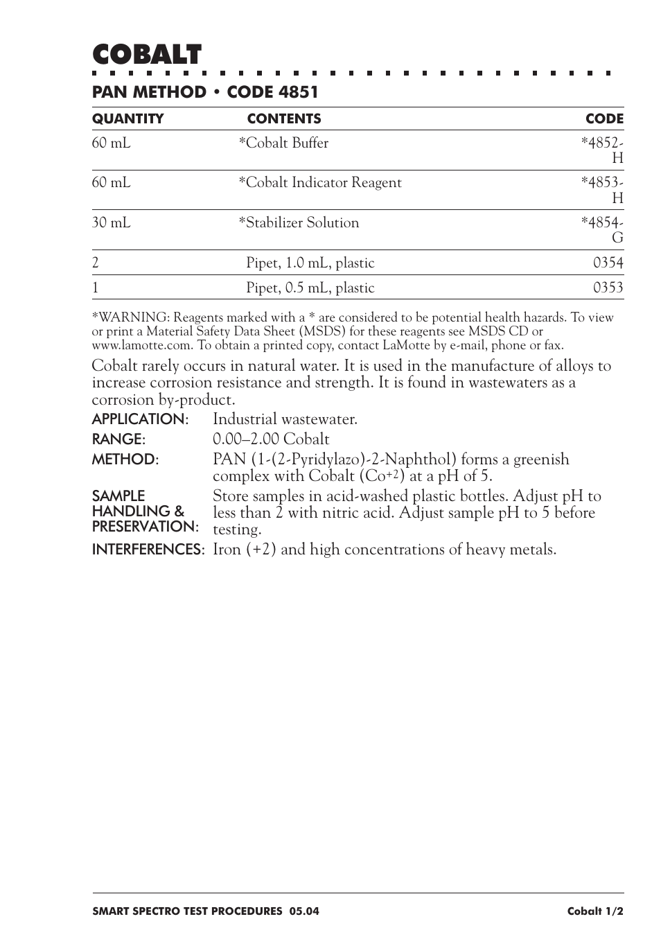 Cobalt | LaMotte SMART Spectro Spectrophotometer User Manual | Page 104 / 237