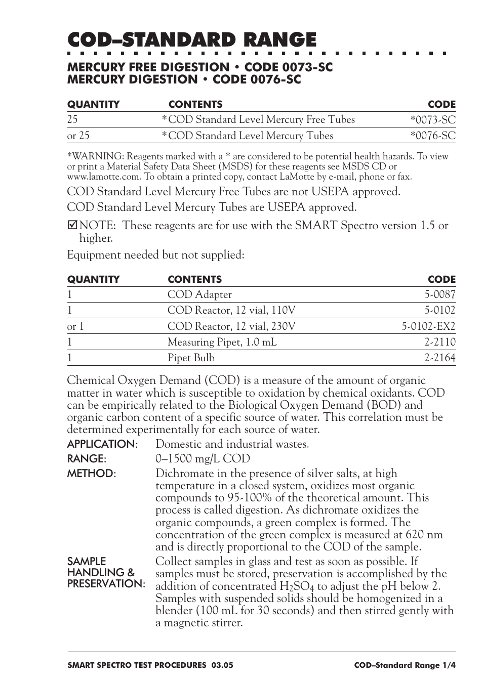 Cod–standard range | LaMotte SMART Spectro Spectrophotometer User Manual | Page 110 / 237