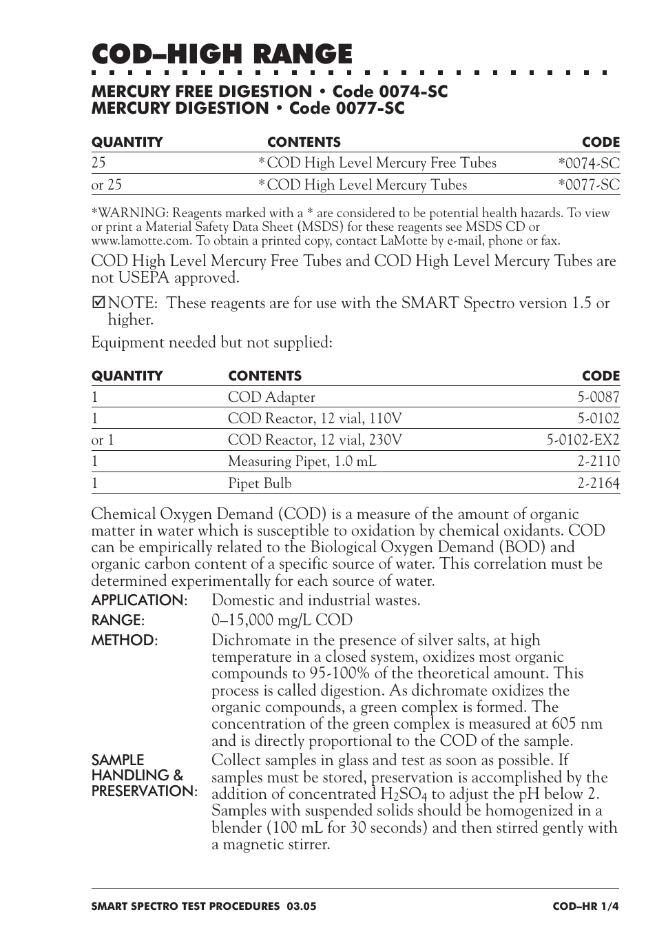 Cod–high range | LaMotte SMART Spectro Spectrophotometer User Manual | Page 114 / 237