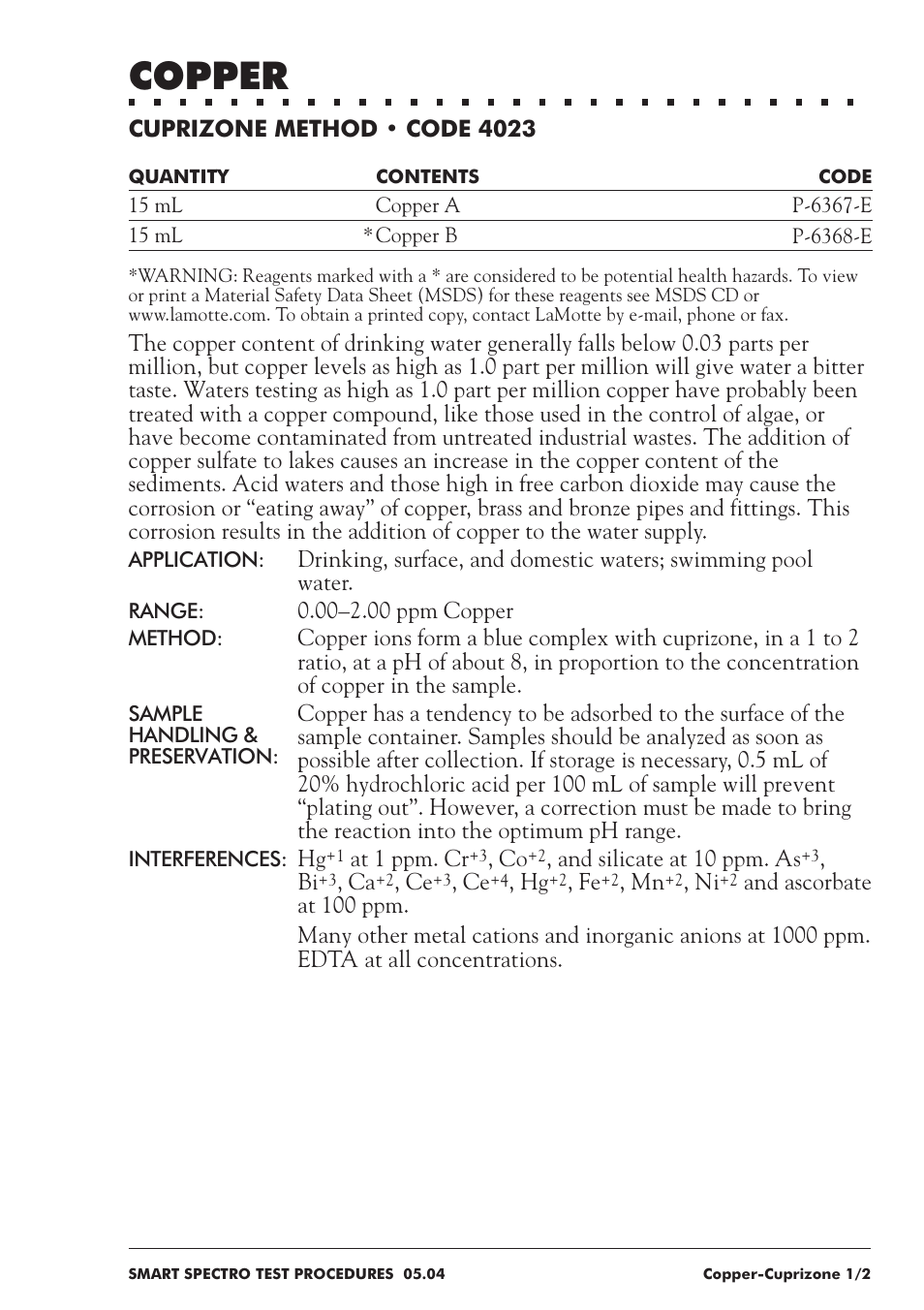 Copper | LaMotte SMART Spectro Spectrophotometer User Manual | Page 120 / 237
