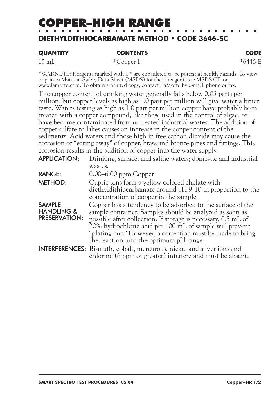 Copper–high range | LaMotte SMART Spectro Spectrophotometer User Manual | Page 124 / 237